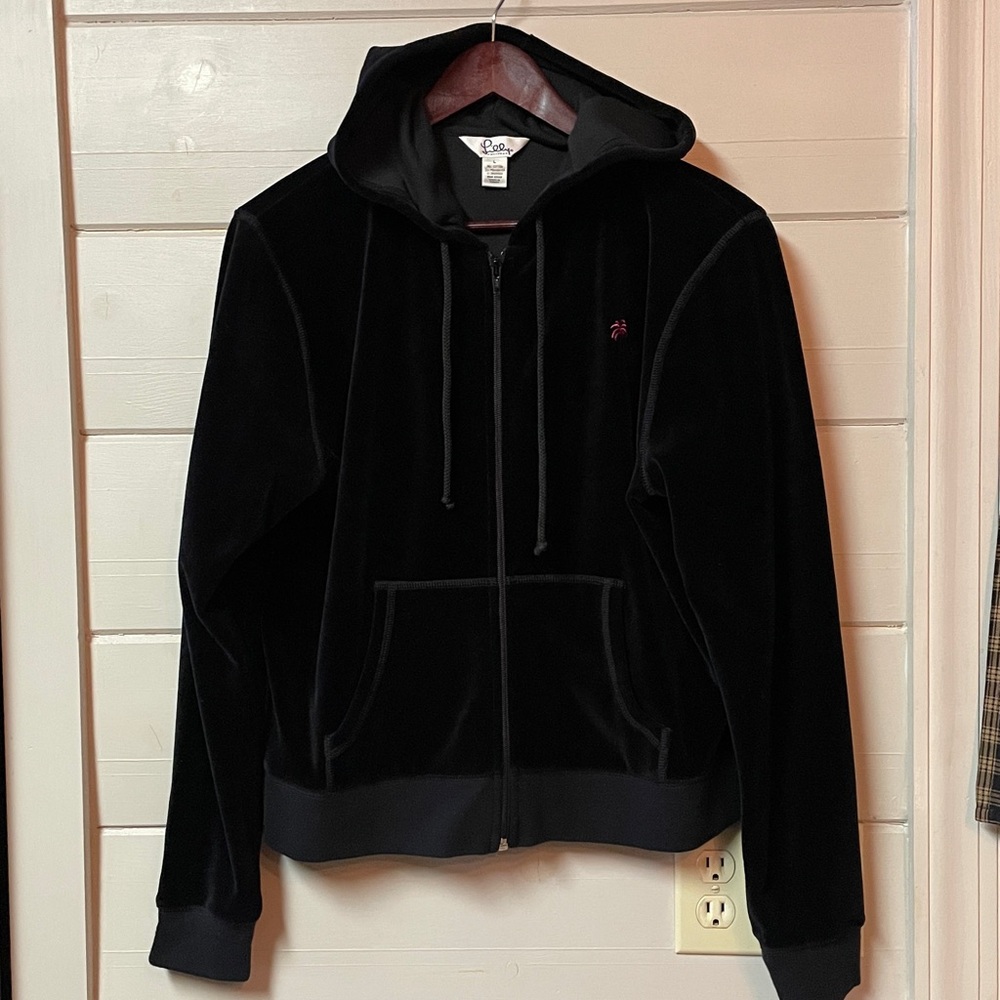 Lilly Pulitzer Black Velour Tracksuit Jogger and Full Zip Jacket Set Size L.